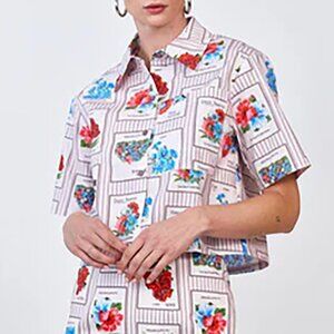 Hunter Bell Scout Top Blouse Garden Flowers Seed Packet Floral Pink Stripe M